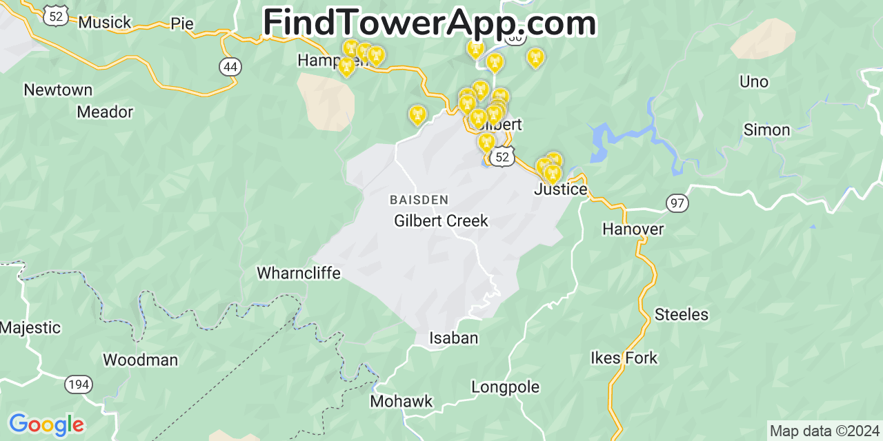 AT&T 4G/5G cell tower coverage map Gilbert Creek, West Virginia