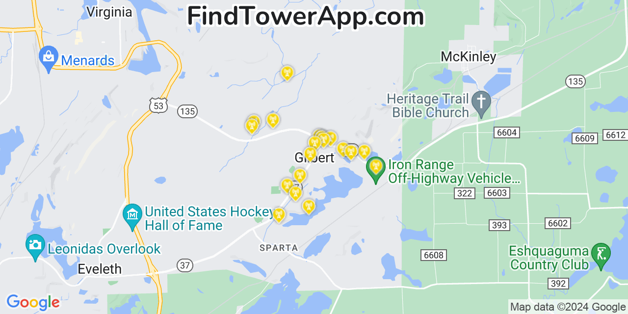 AT&T 4G/5G cell tower coverage map Gilbert, Minnesota