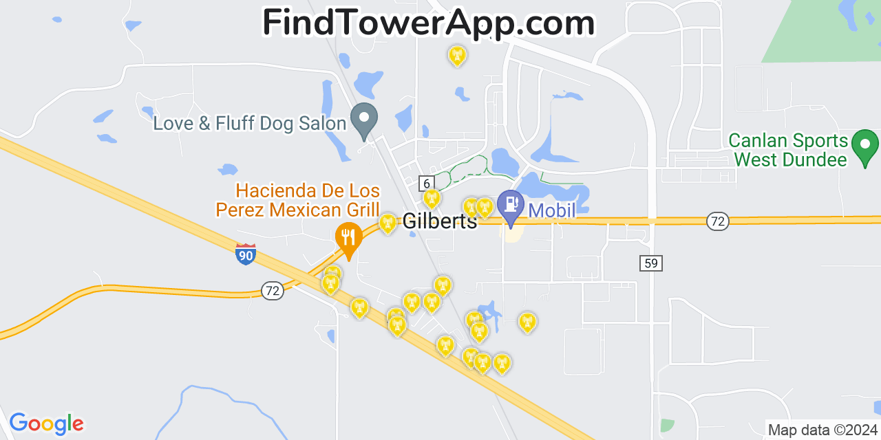 AT&T 4G/5G cell tower coverage map Gilberts, Illinois
