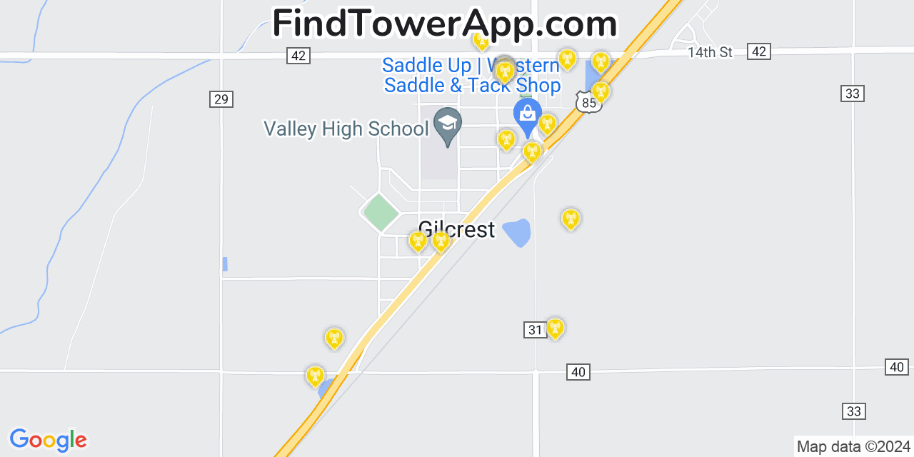 AT&T 4G/5G cell tower coverage map Gilcrest, Colorado