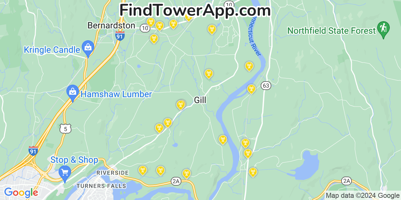 AT&T 4G/5G cell tower coverage map Gill, Massachusetts