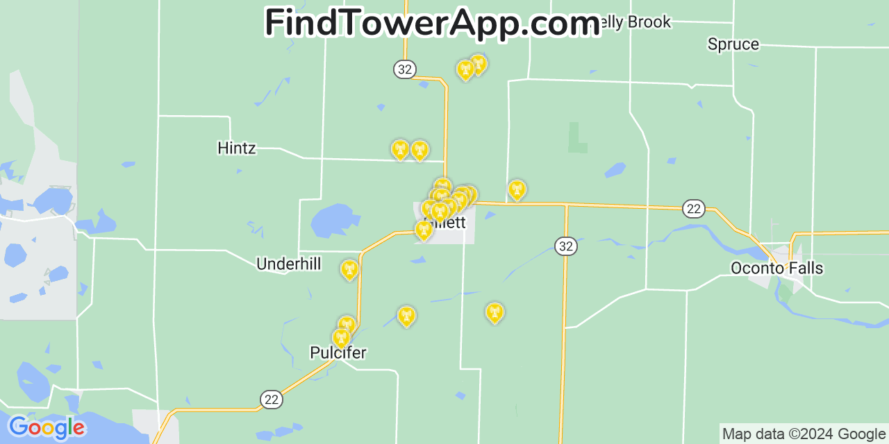 AT&T 4G/5G cell tower coverage map Gillett, Wisconsin