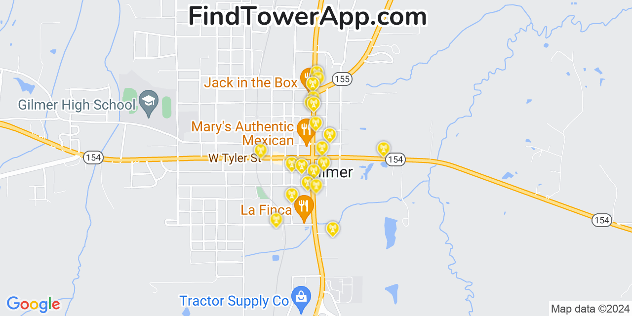 Verizon 4G/5G cell tower coverage map Gilmer, Texas