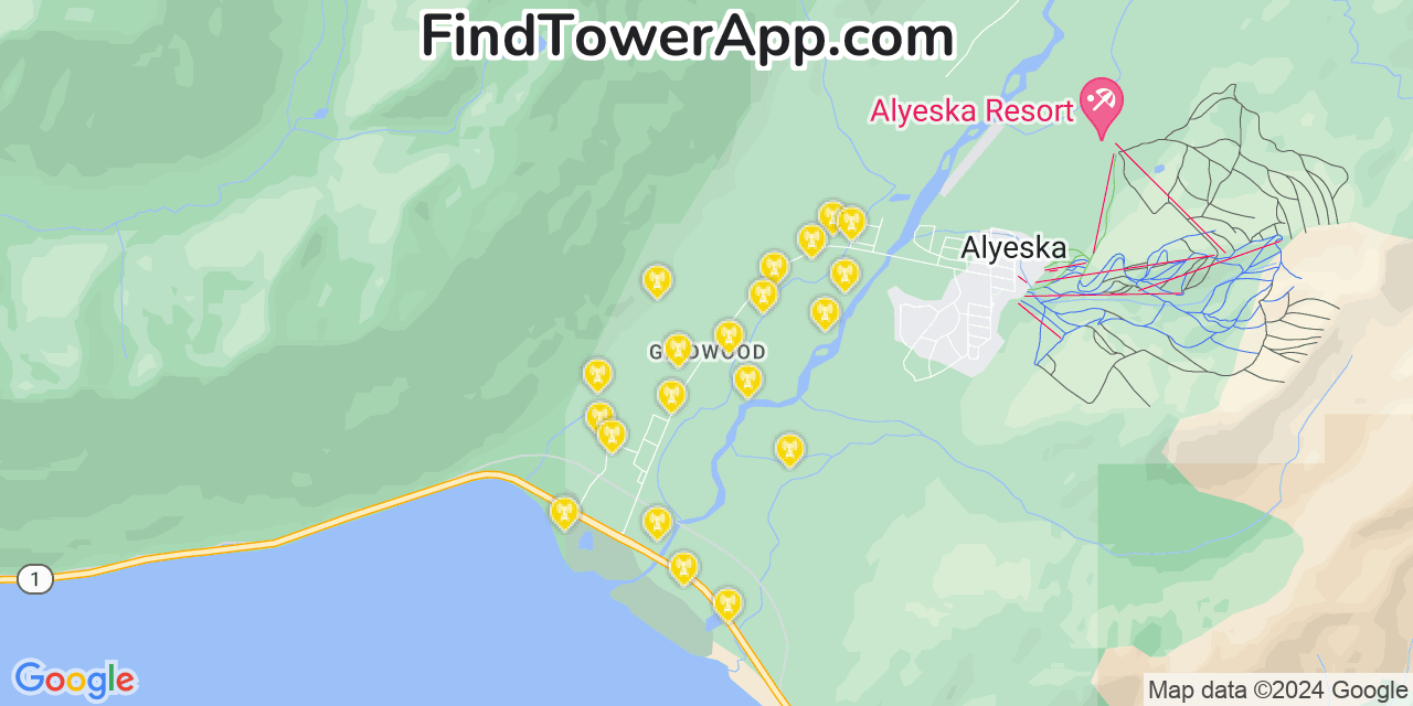AT&T 4G/5G cell tower coverage map Girdwood, Alaska