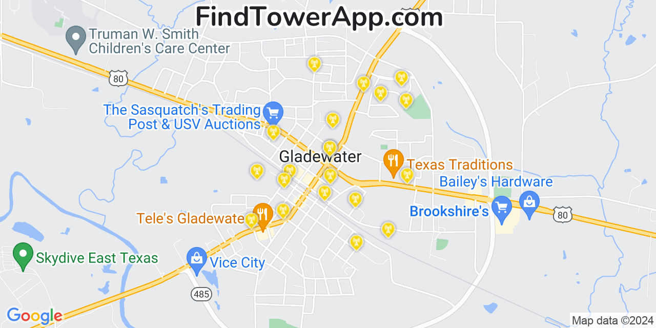 AT&T 4G/5G cell tower coverage map Gladewater, Texas