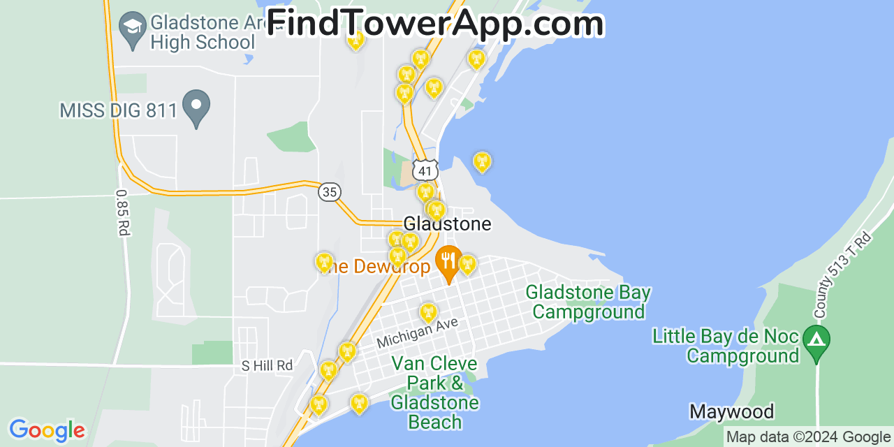 AT&T 4G/5G cell tower coverage map Gladstone, Michigan