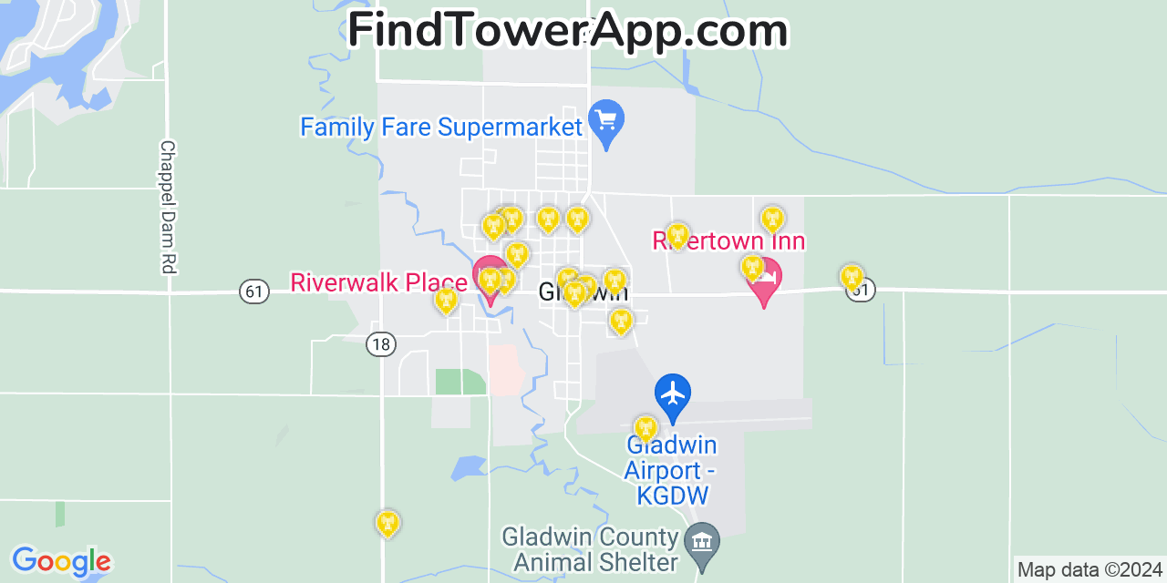 AT&T 4G/5G cell tower coverage map Gladwin, Michigan