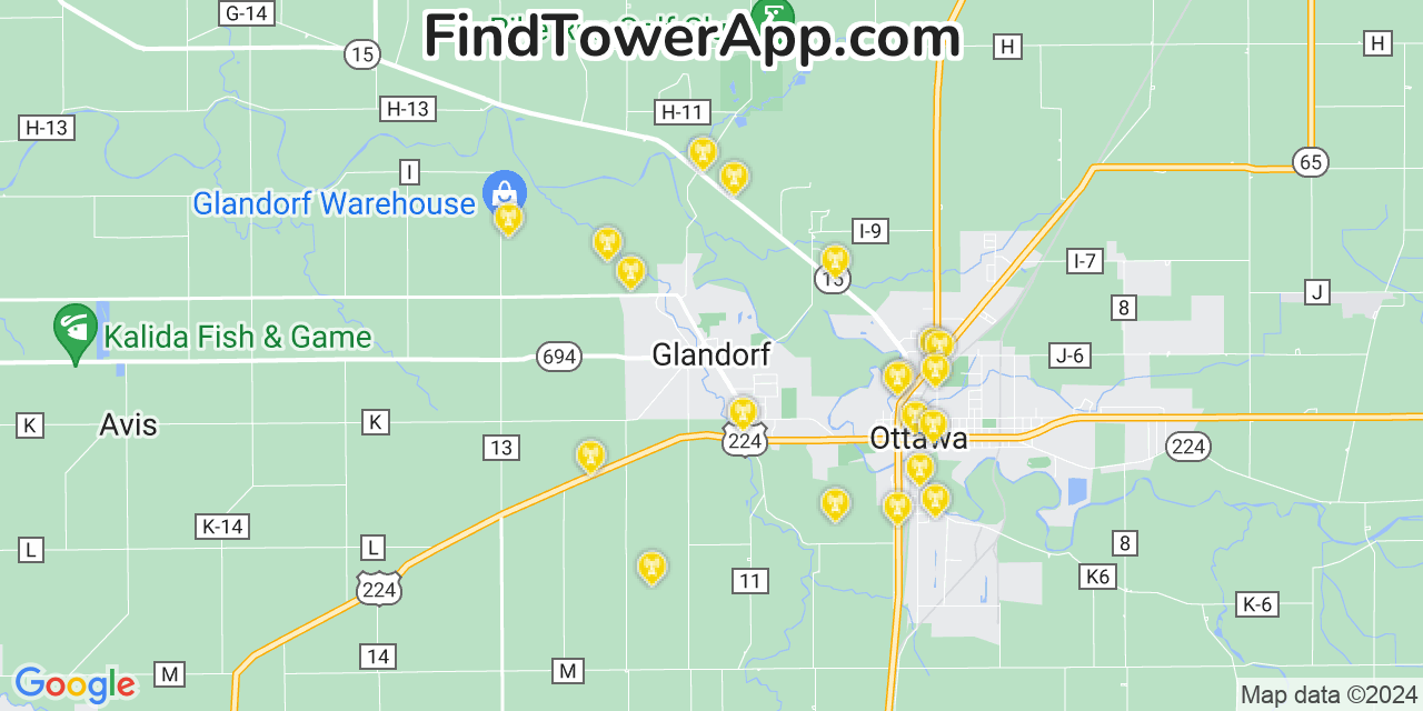 AT&T 4G/5G cell tower coverage map Glandorf, Ohio