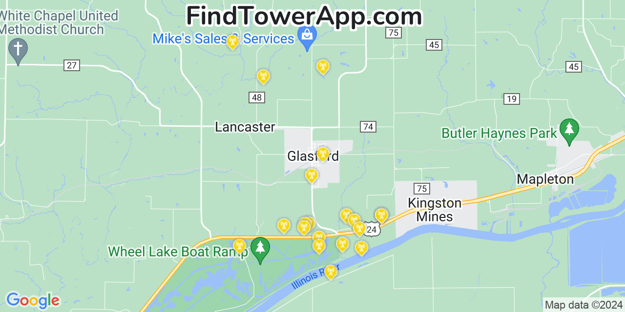 AT&T 4G/5G cell tower coverage map Glasford, Illinois