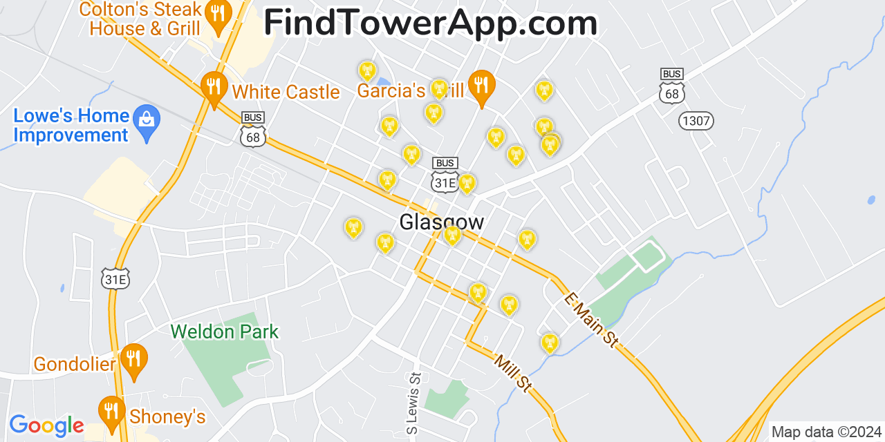 AT&T 4G/5G cell tower coverage map Glasgow, Kentucky