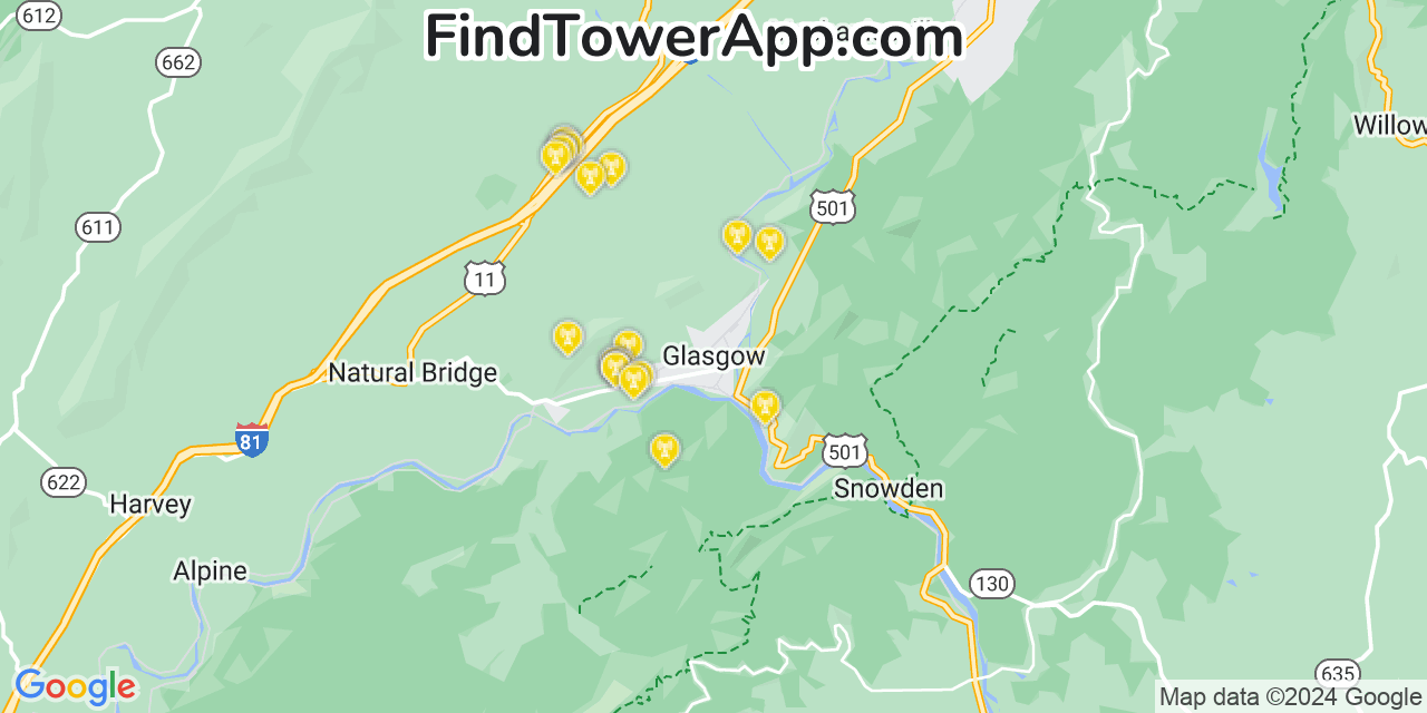 AT&T 4G/5G cell tower coverage map Glasgow, Virginia