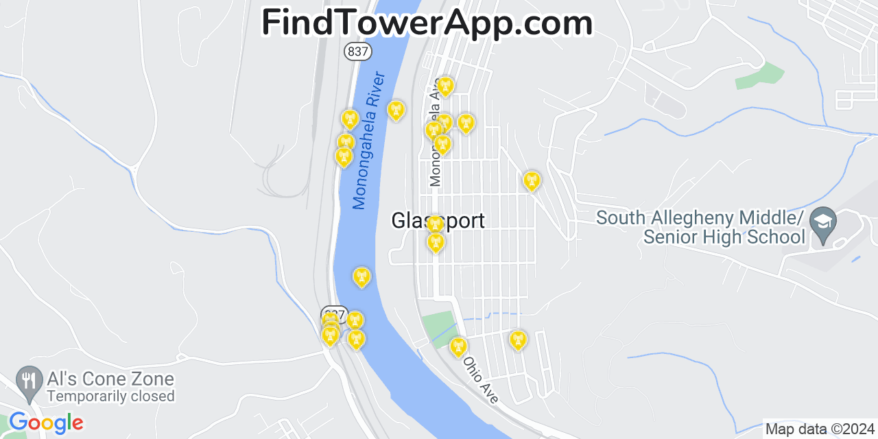 AT&T 4G/5G cell tower coverage map Glassport, Pennsylvania