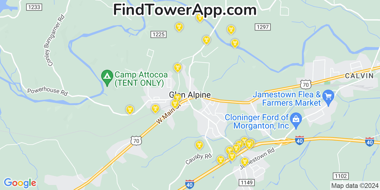 AT&T 4G/5G cell tower coverage map Glen Alpine, North Carolina