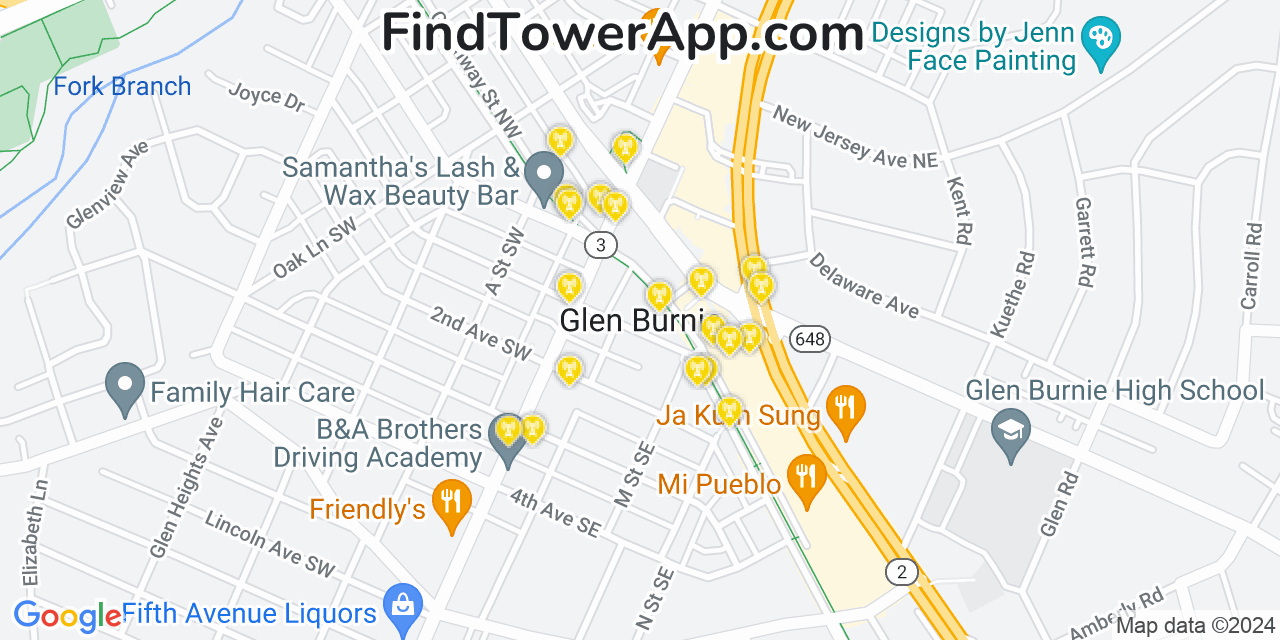 AT&T 4G/5G cell tower coverage map Glen Burnie, Maryland