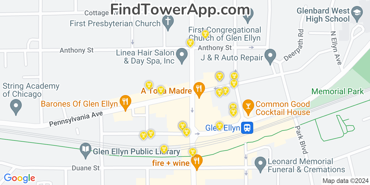 AT&T 4G/5G cell tower coverage map Glen Ellyn, Illinois