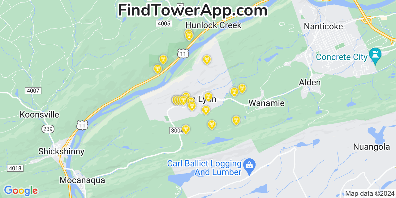 AT&T 4G/5G cell tower coverage map Glen Lyon, Pennsylvania