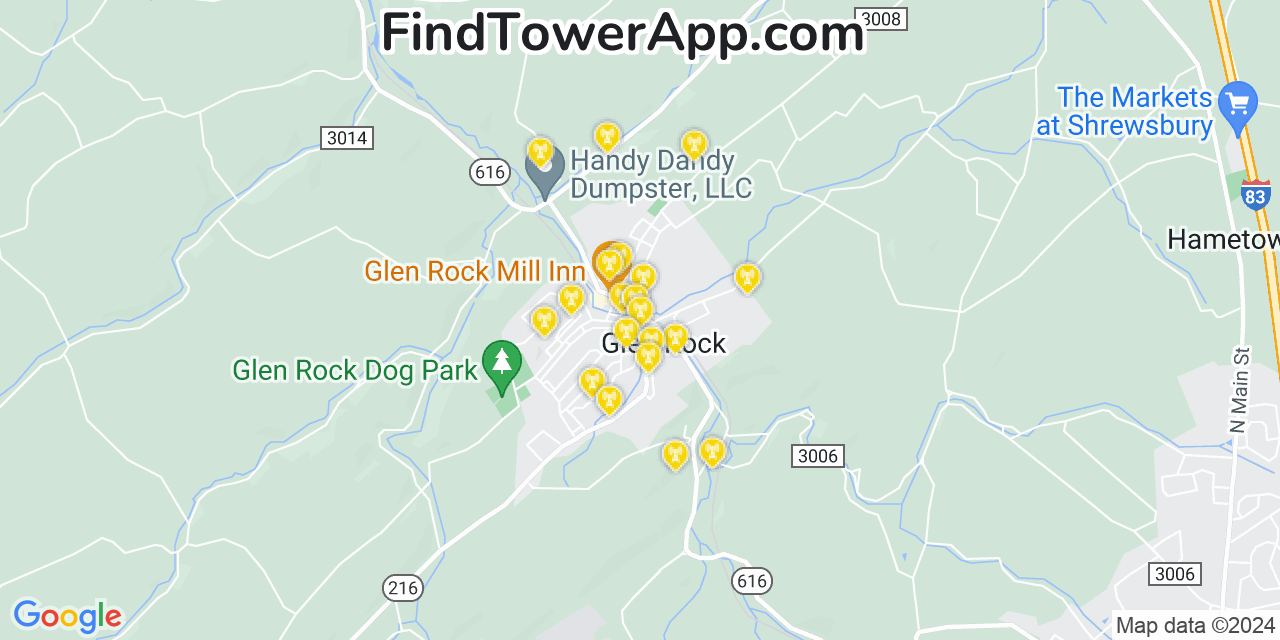 AT&T 4G/5G cell tower coverage map Glen Rock, Pennsylvania