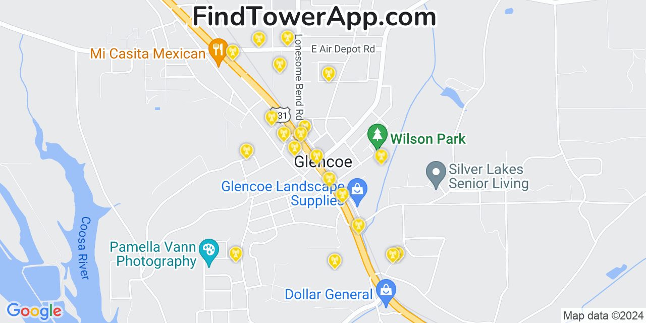AT&T 4G/5G cell tower coverage map Glencoe, Alabama