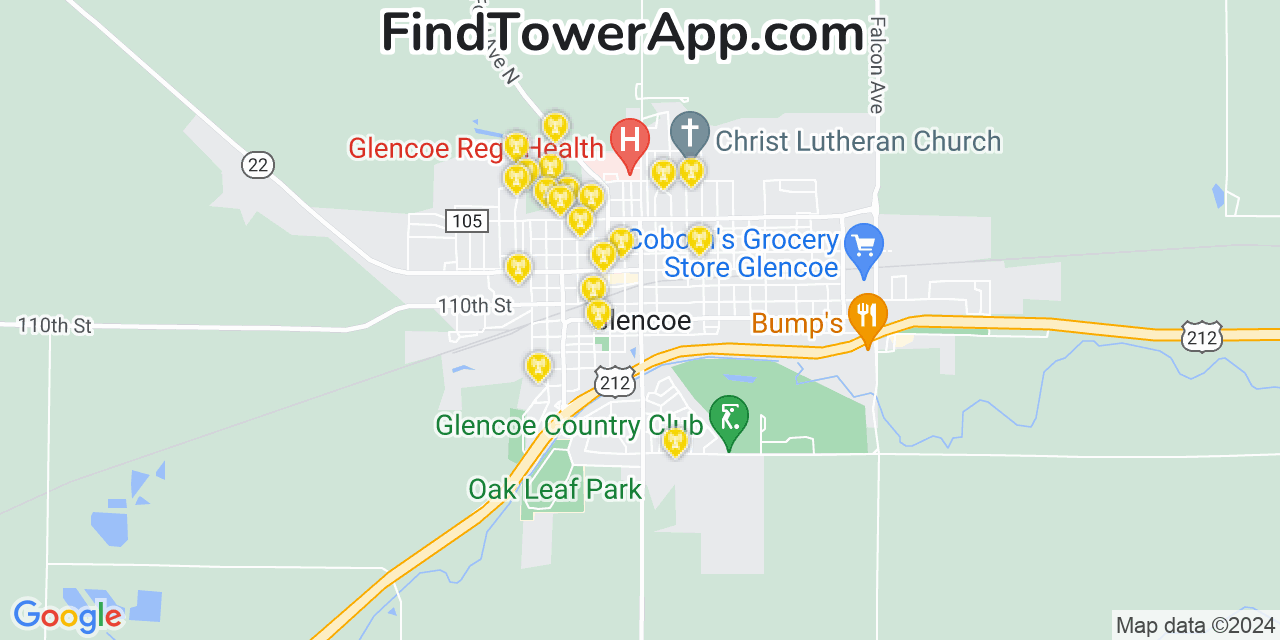 AT&T 4G/5G cell tower coverage map Glencoe, Minnesota