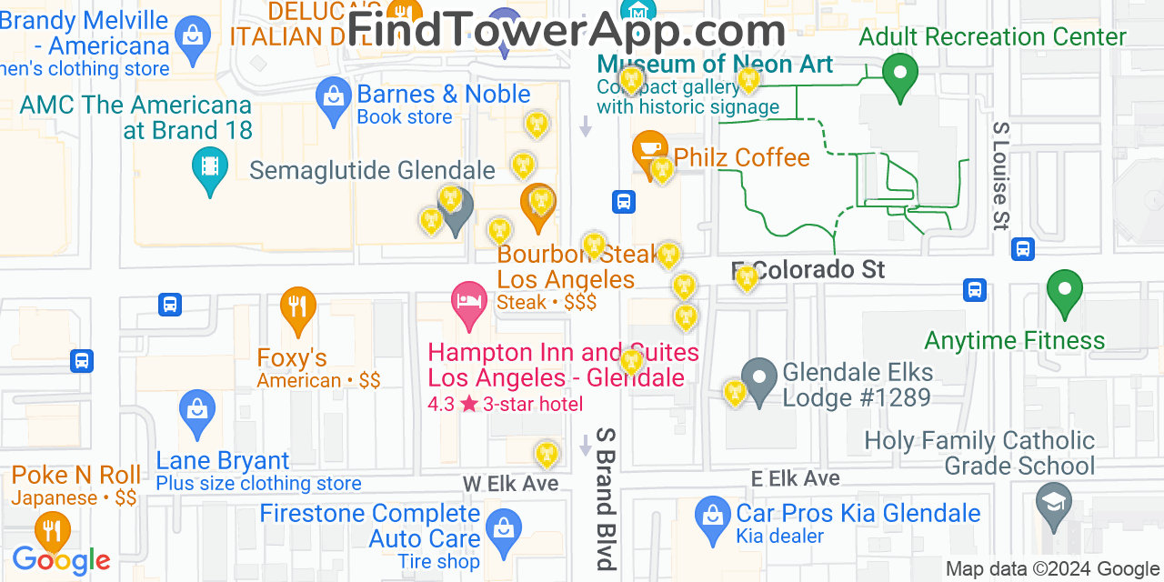 AT&T 4G/5G cell tower coverage map Glendale, California