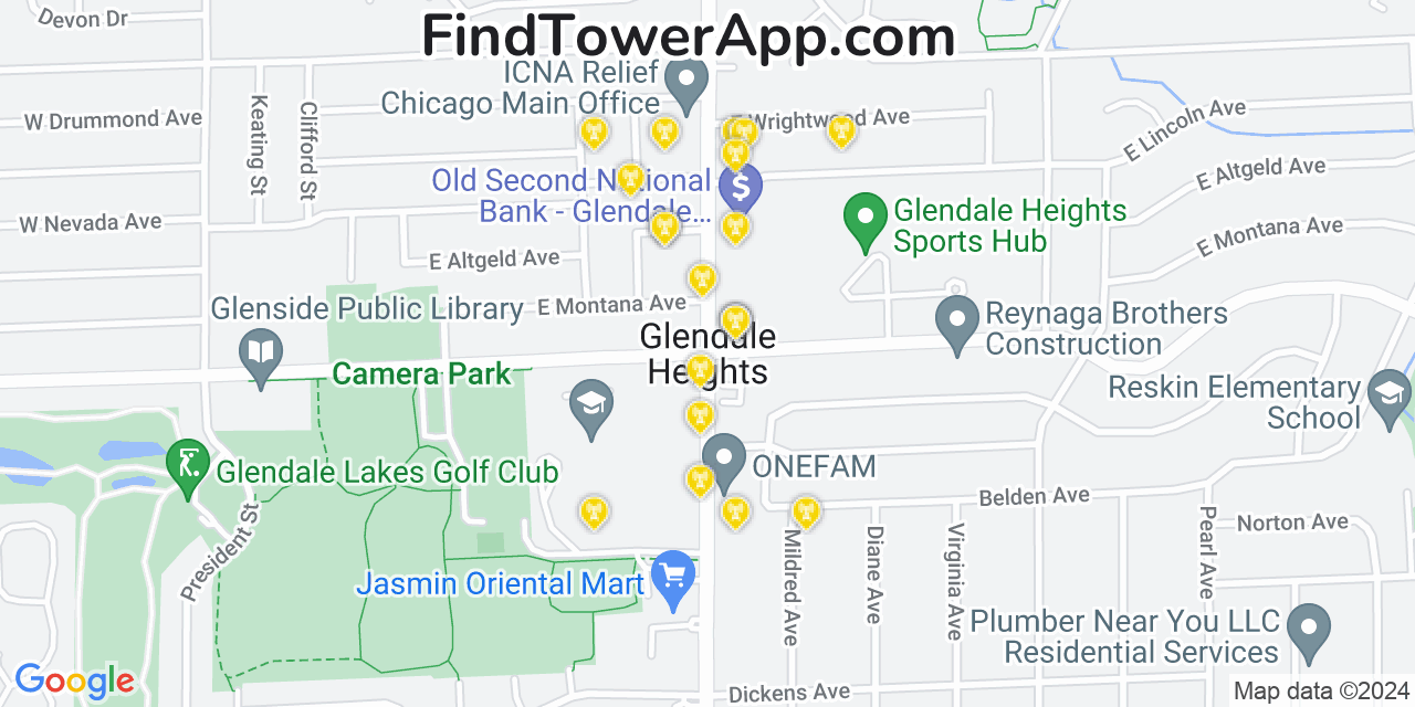 AT&T 4G/5G cell tower coverage map Glendale Heights, Illinois