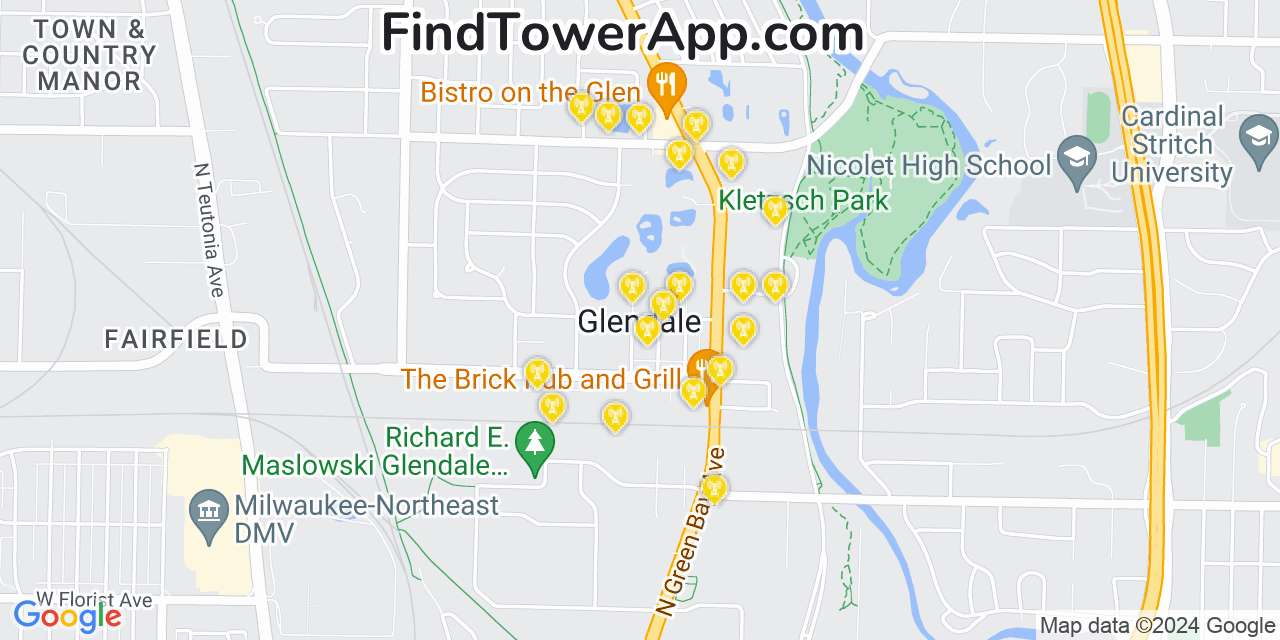 AT&T 4G/5G cell tower coverage map Glendale, Wisconsin