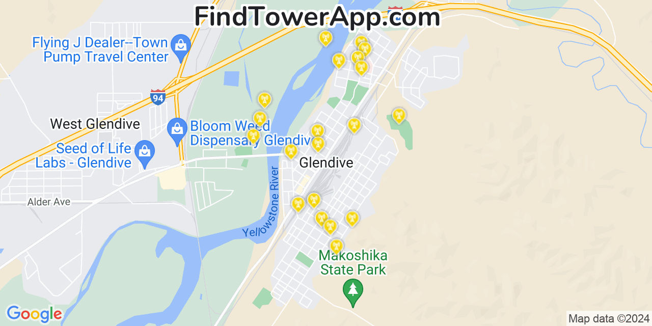 AT&T 4G/5G cell tower coverage map Glendive, Montana