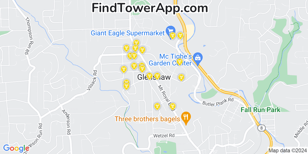 AT&T 4G/5G cell tower coverage map Glenshaw, Pennsylvania