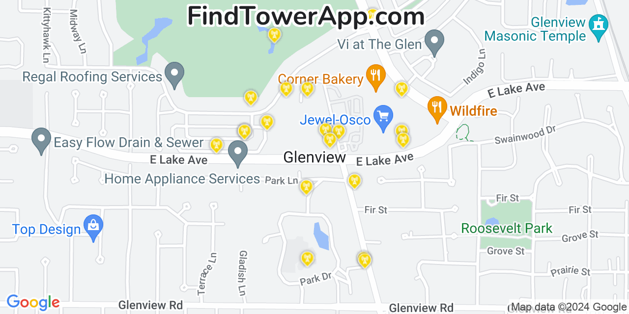 AT&T 4G/5G cell tower coverage map Glenview, Illinois