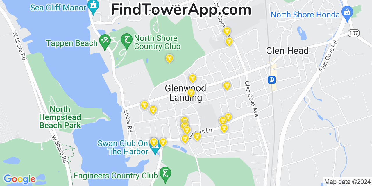 AT&T 4G/5G cell tower coverage map Glenwood Landing, New York