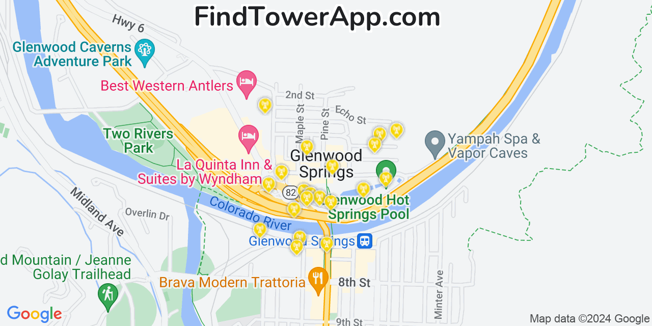 AT&T 4G/5G cell tower coverage map Glenwood Springs, Colorado