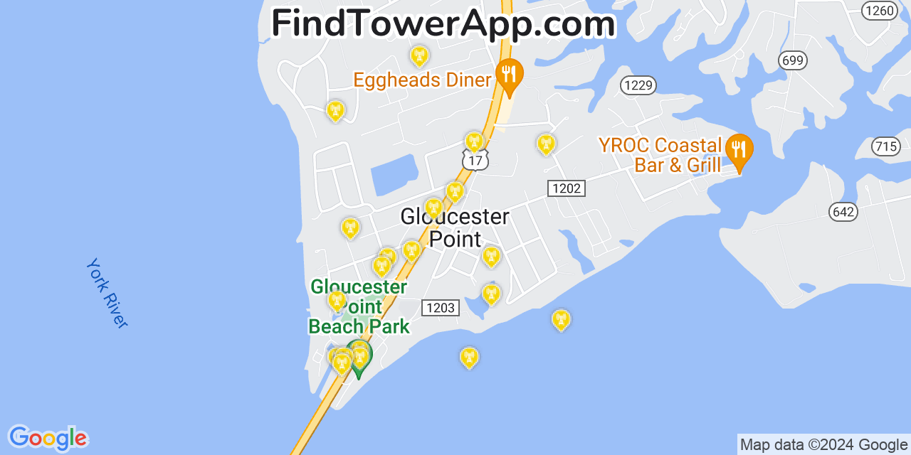 AT&T 4G/5G cell tower coverage map Gloucester Point, Virginia