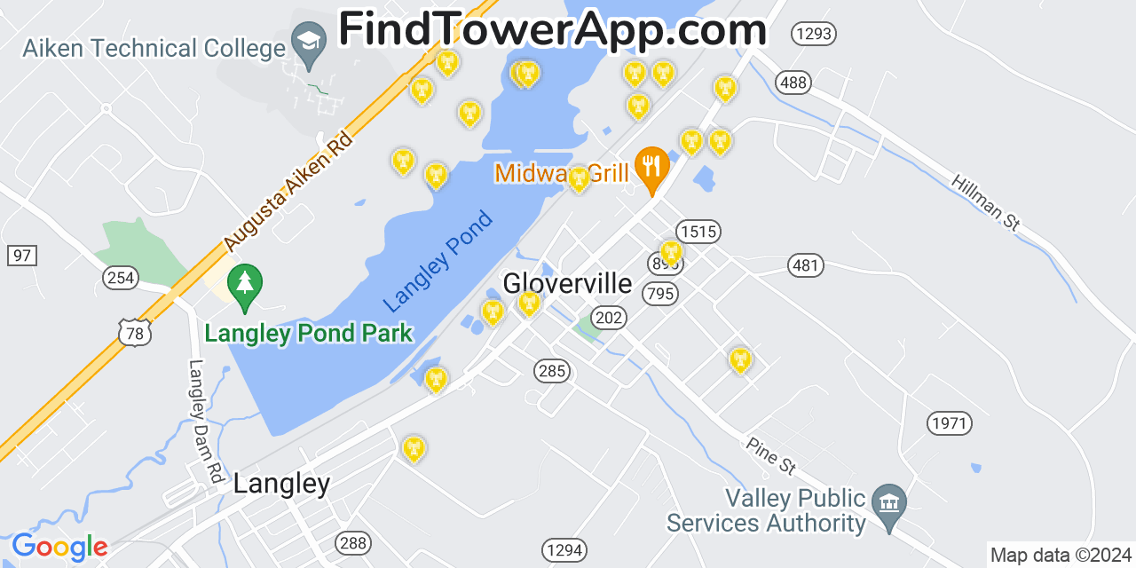 AT&T 4G/5G cell tower coverage map Gloverville, South Carolina
