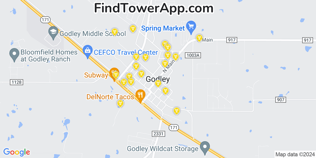 AT&T 4G/5G cell tower coverage map Godley, Texas