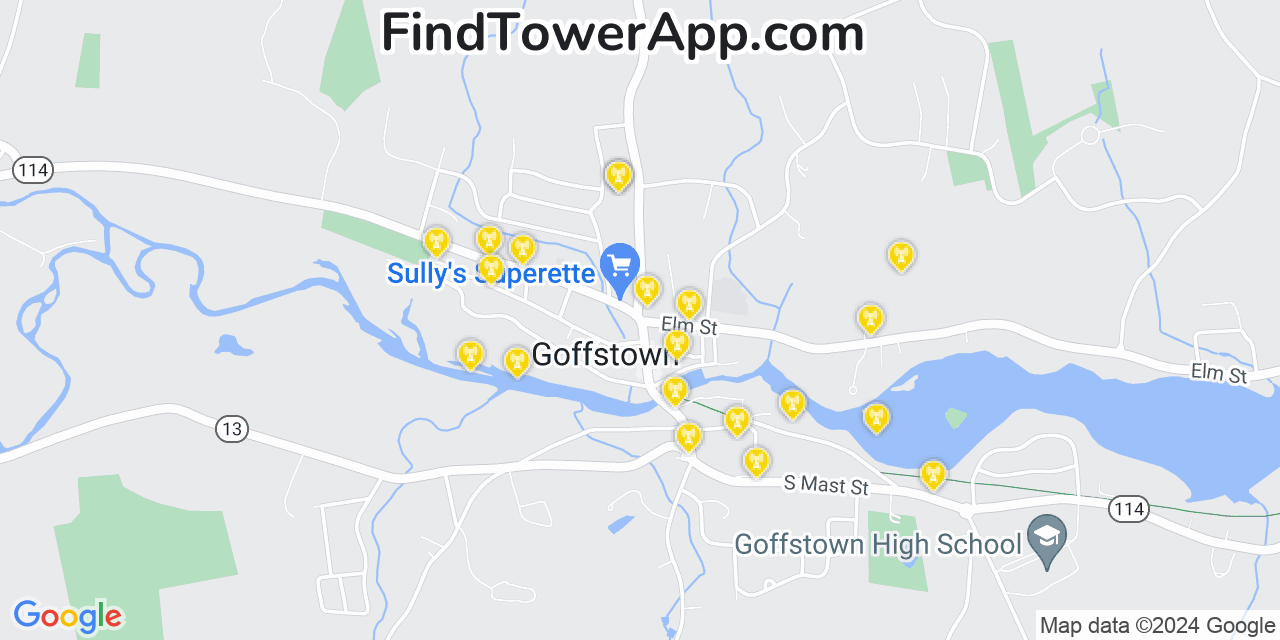 AT&T 4G/5G cell tower coverage map Goffstown, New Hampshire
