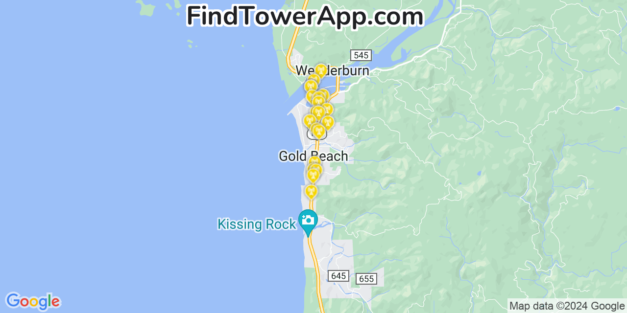 AT&T 4G/5G cell tower coverage map Gold Beach, Oregon