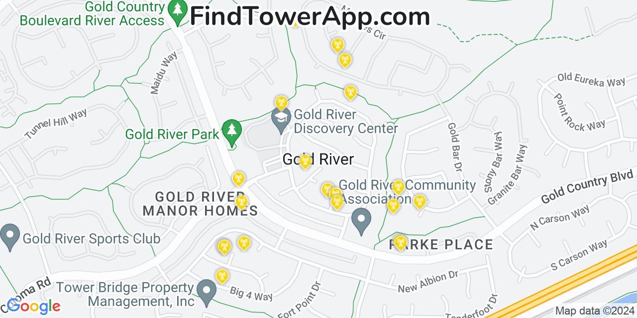 AT&T 4G/5G cell tower coverage map Gold River, California
