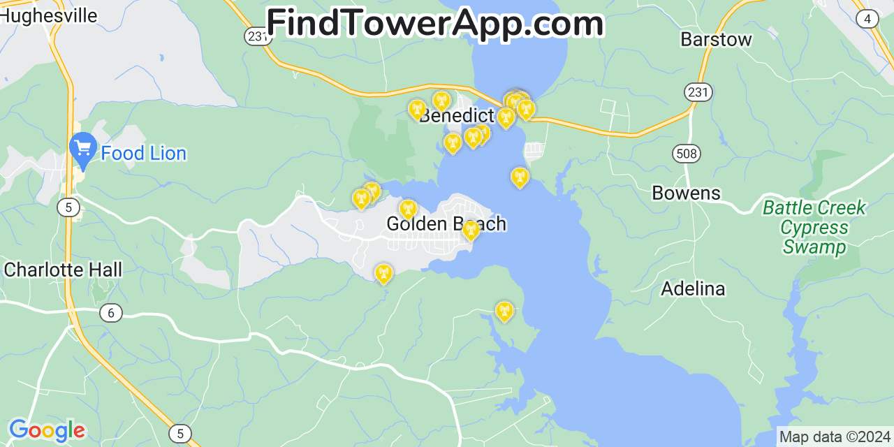 Verizon 4G/5G cell tower coverage map Golden Beach, Maryland