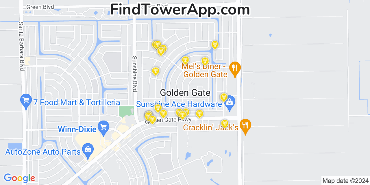 AT&T 4G/5G cell tower coverage map Golden Gate, Florida