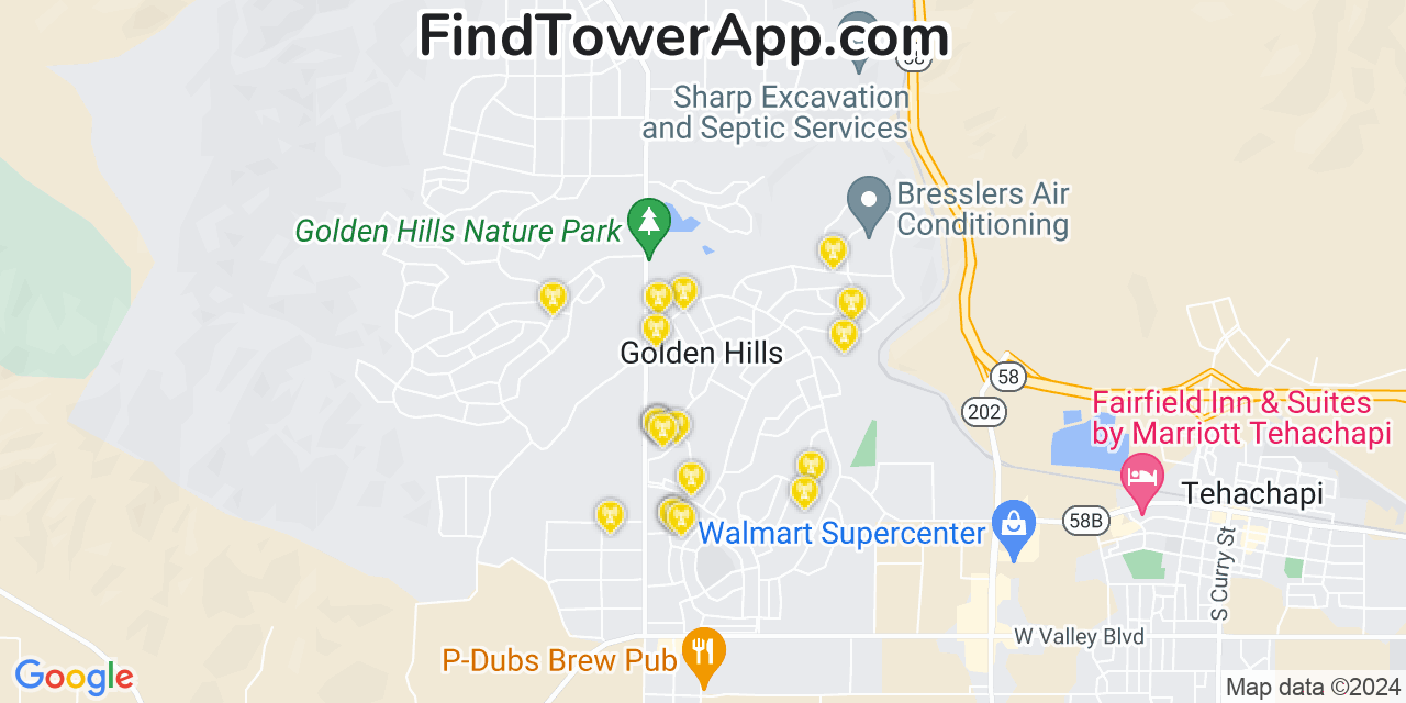 AT&T 4G/5G cell tower coverage map Golden Hills, California