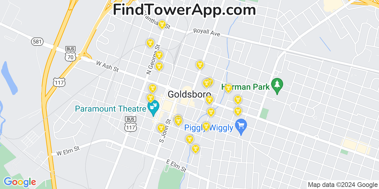 AT&T 4G/5G cell tower coverage map Goldsboro, North Carolina