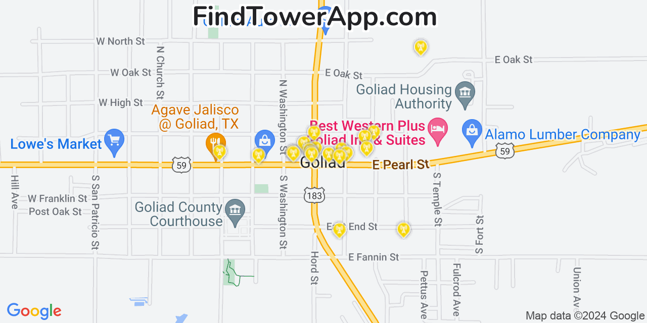 AT&T 4G/5G cell tower coverage map Goliad, Texas
