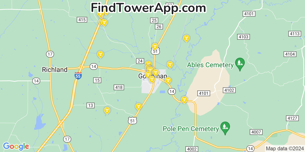 AT&T 4G/5G cell tower coverage map Goodman, Mississippi