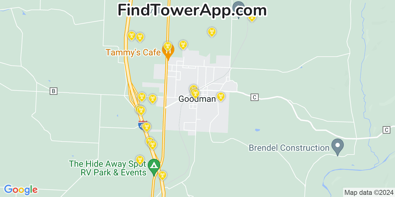 AT&T 4G/5G cell tower coverage map Goodman, Missouri