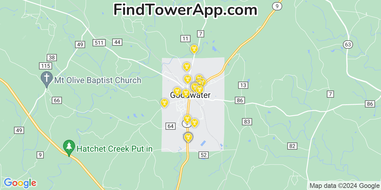 Verizon 4G/5G cell tower coverage map Goodwater, Alabama