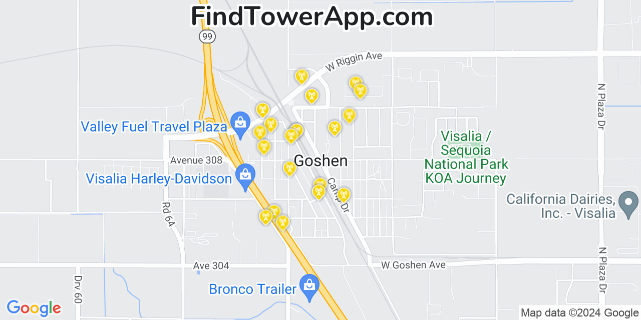 AT&T 4G/5G cell tower coverage map Goshen, California