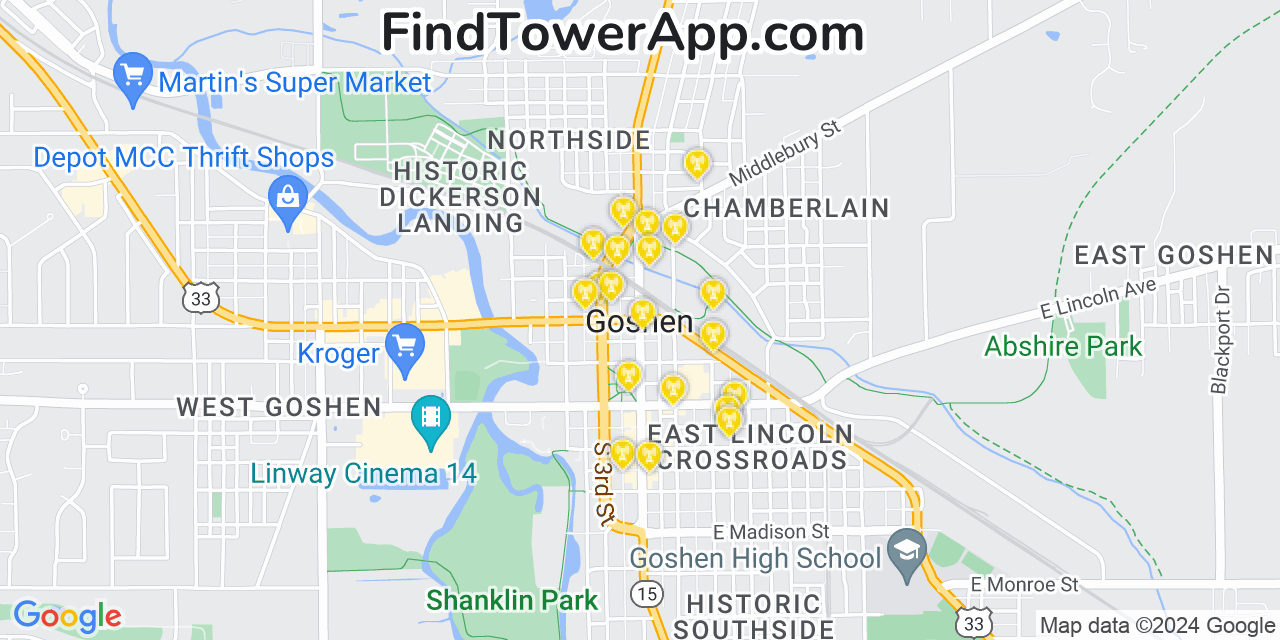 AT&T 4G/5G cell tower coverage map Goshen, Indiana