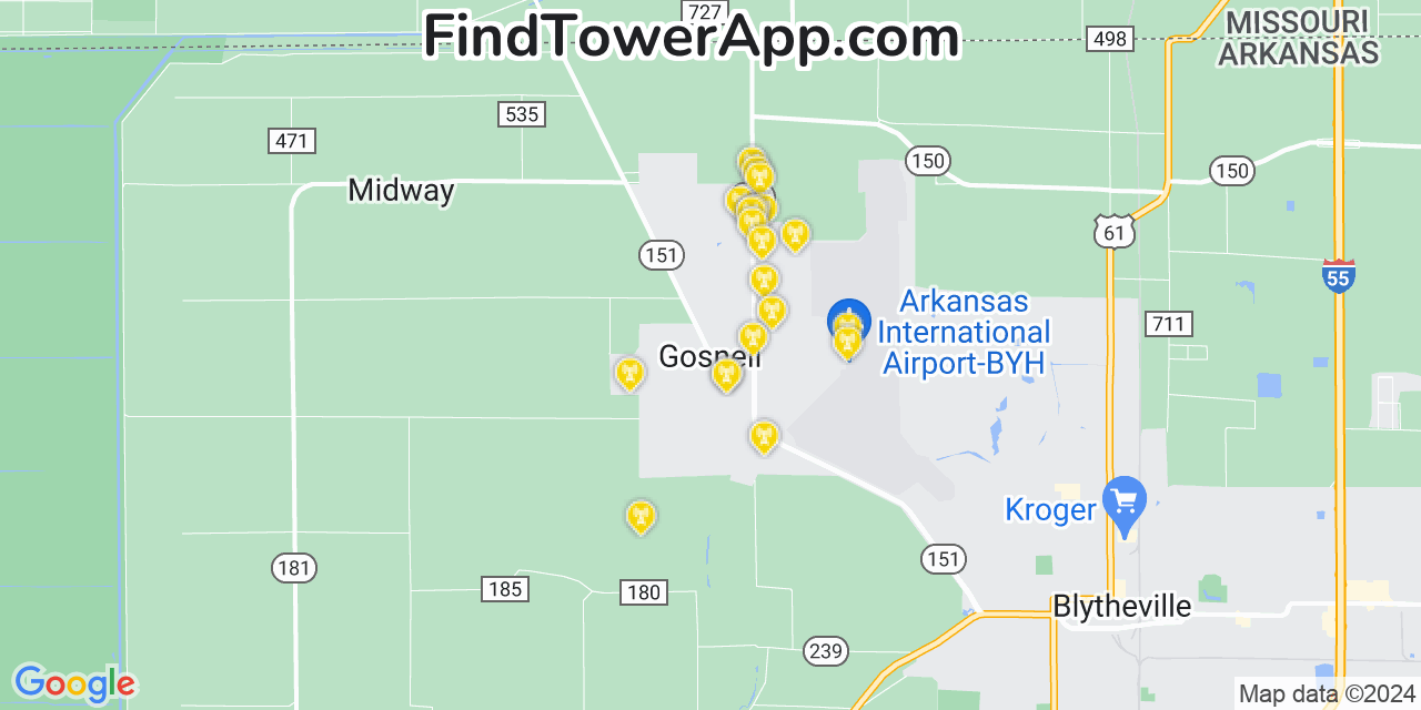 AT&T 4G/5G cell tower coverage map Gosnell, Arkansas