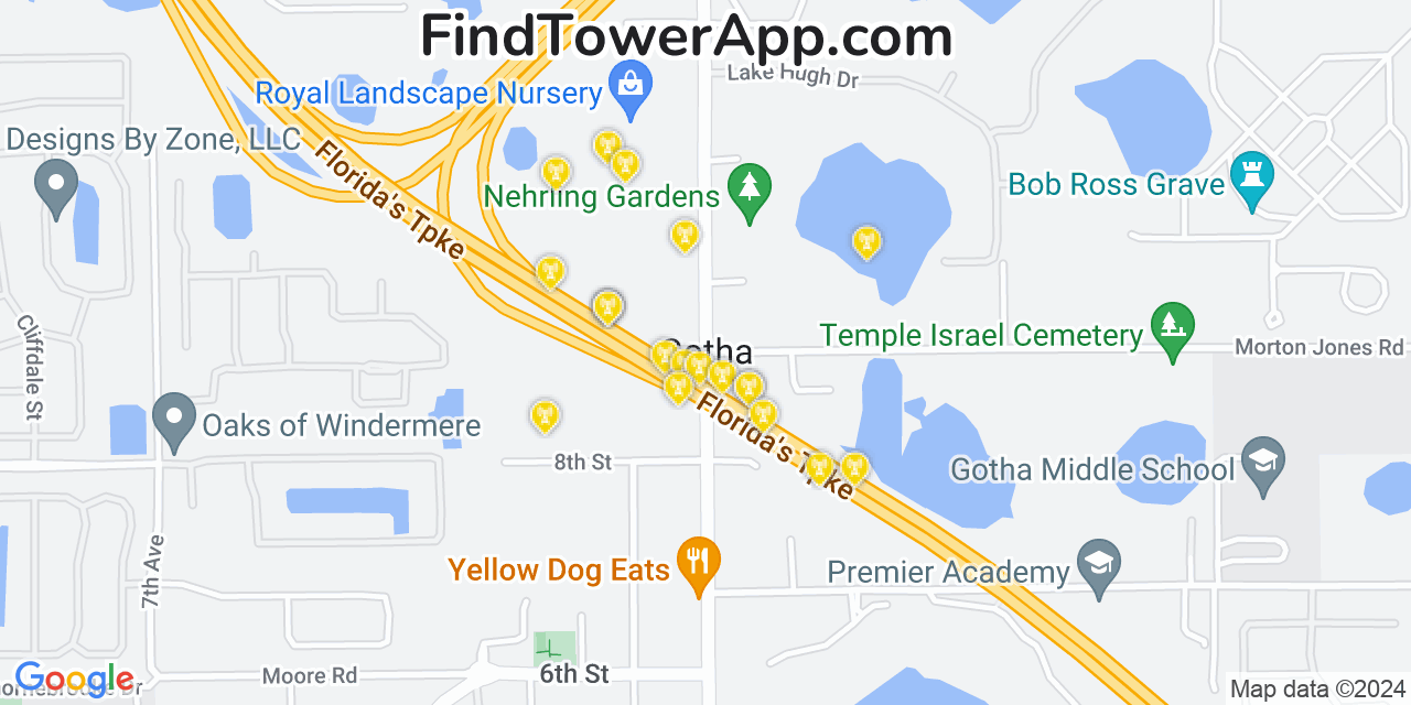 AT&T 4G/5G cell tower coverage map Gotha, Florida