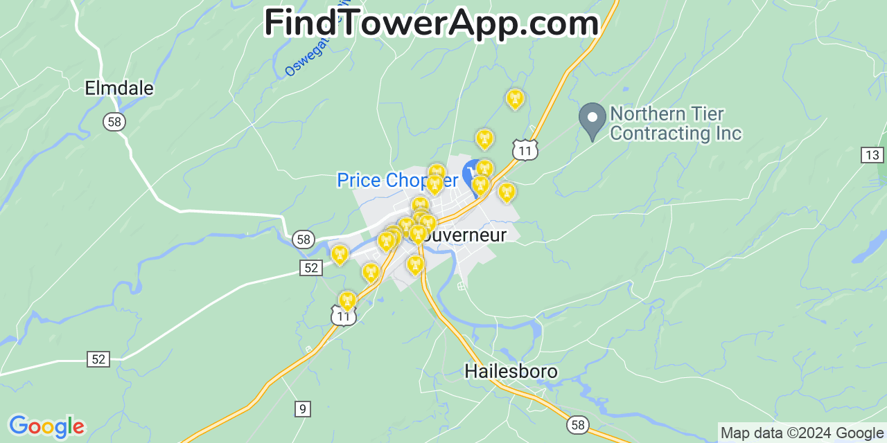 AT&T 4G/5G cell tower coverage map Gouverneur, New York